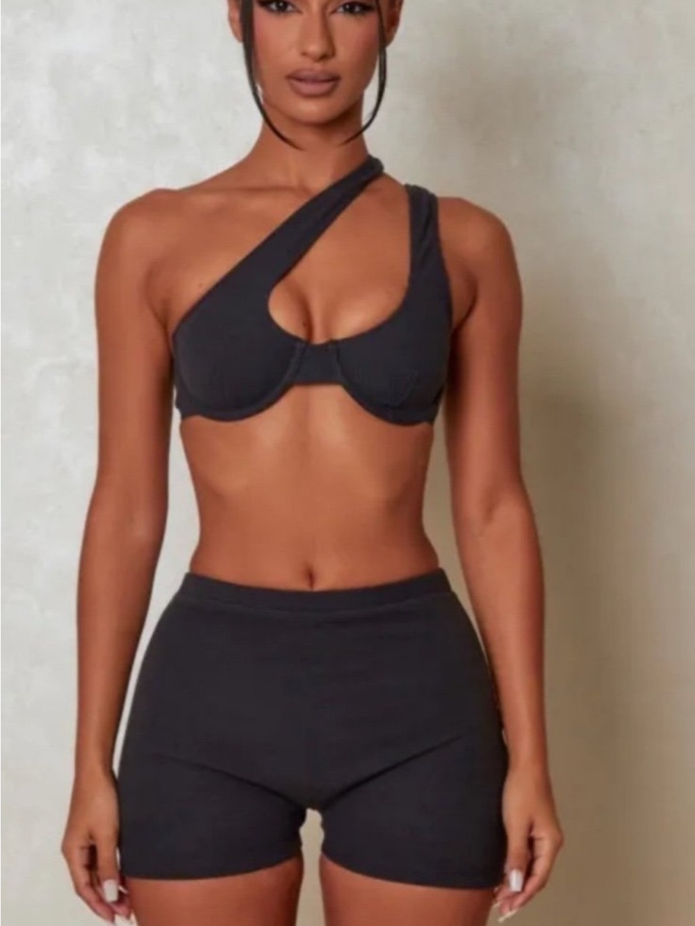 Black Asymmetric Underwire Bralette & High-Waist Shorts Set